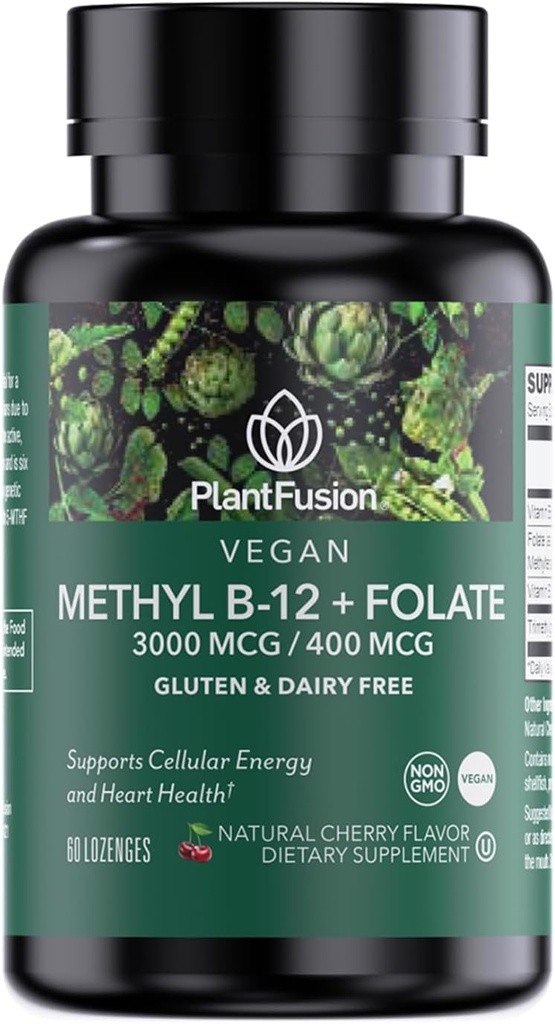 PlantFusion メチル化されたビタミン B 複合体 – ビーガン B12 3000mcg, ビーガン Methylfolate (5-MTHF) 400mcg, B6 & TMG – チェリー風味のロッジ – 60 カウント