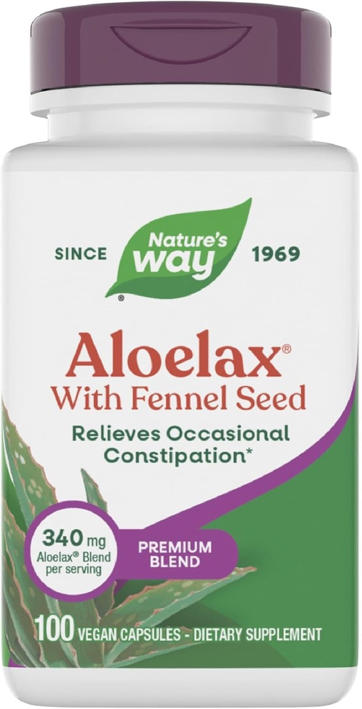 Nature's Way Aloelax、Premium Blend、Fennel Seed、Occasional constipation*、340 mg、グルテンフリー、ビーガン、時折便秘救済*、100カプセル(パッケージ5月Vary)