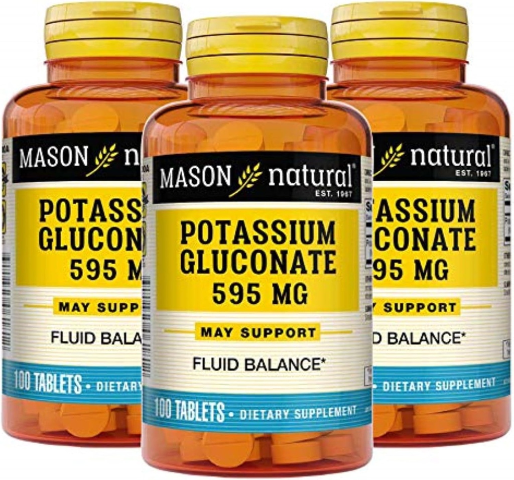 Mason Natural Potassium Gluconate 595 mg, 300 Day Supply, 100 Tablets (Pack of 3)