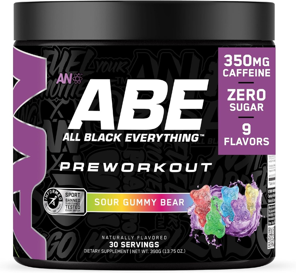 All Black Everything Pre Workout Powder | 30 Servings | Sour Gummy Bear | 350mg Caffeine | Nootropic Pre-Workout Blend | Beta Alanine + Citrulline | Energy Supplement for Men and Women