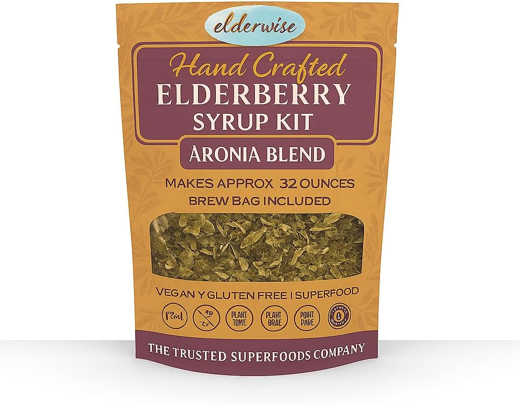 Elderwise Elderberry Aronia Berry Syrup Kit - エルダーベリー、Aronia Berries、Rosehips、ジンジャー、Echinacea、シナモン、クローブ、Syrupの32ozを作る、ブルーイングバッグが含まれています