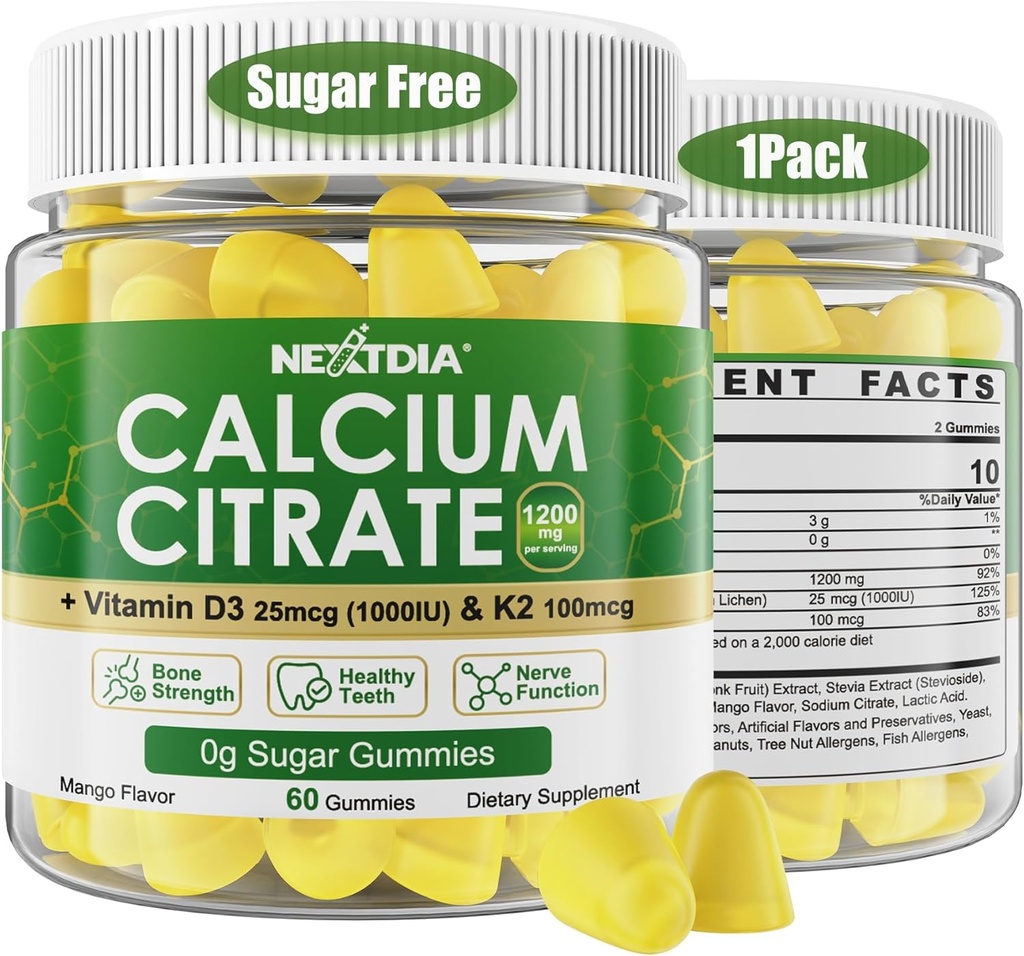 Calcium Citrate Gummies 1200mg with Vitamin D3 K2, Chewable Calcium Supplements for Women & Men, High Potency Support B0ne, Te*th, Strength & Immune Health, Mango Flavor, Non-GMO, Sugar Free, 60 Cts
