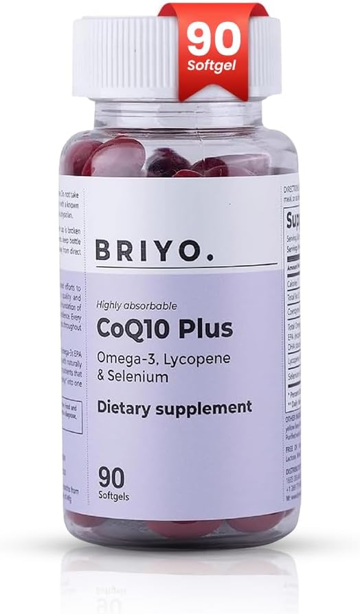 Omega 3 EPA DHA、Lycopene、Selenium との Briyo CoQ10 100mg の補足 - 心の健康、エネルギー サポート、酸化防止保護、健康な老化のための - 毎日のSoftgels、90 カウント