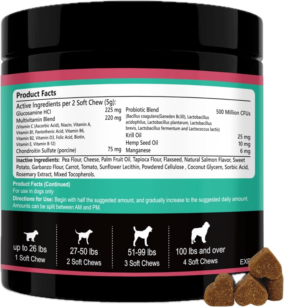 犬のマルチビタミン - 心臓の健康のための1犬のビタミンマルチビタミン - オメガ3オイル、皮膚とコート、コンドロイチンと犬の関節と移動性、プロバイオティクスのためのグルコサミン - 120ct