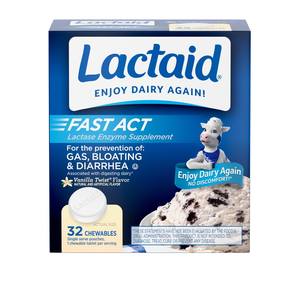 Lactaidの速い行為はLactoseの感受性、オン・ザ・ゴ、バニラのねじれの味、32 x 1のctのためにガス、膨らみ、Diarrheaを防ぐ自然なLactaseの酵素との許容の軽減のChewablesを遅らせます