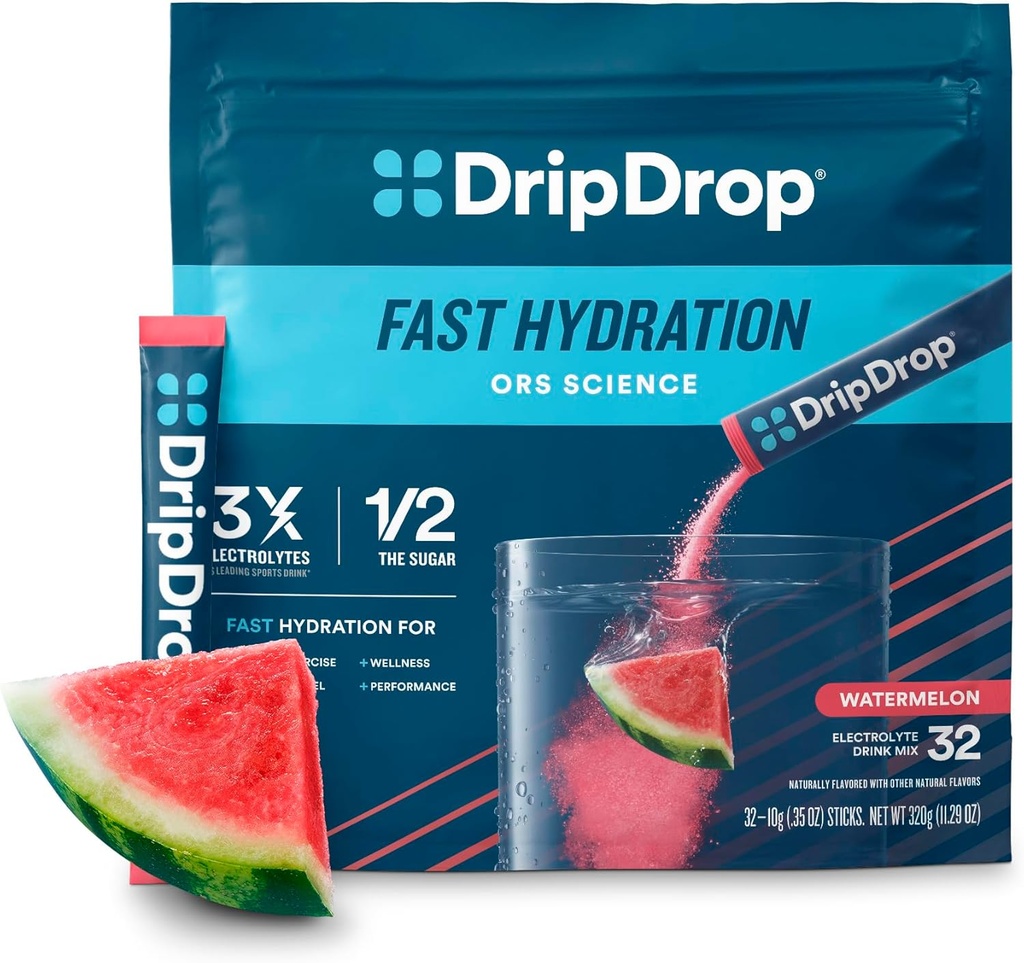 DripDrop Hydration Packets - Watermelon - シングルセルブ電解質パウダードリンクミックス - Non-GMO、グルテンフリー、ビーガン - 32 スティック