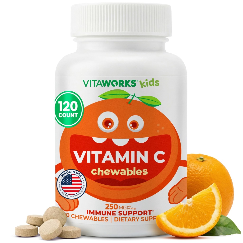 キッズビタミンC咀嚼錠250mg - ビーガン、GMOフリー、グルテンフリー、ナッツフリービタミン - 子供のための免疫サポートのための栄養補助食品 - 120ケブル