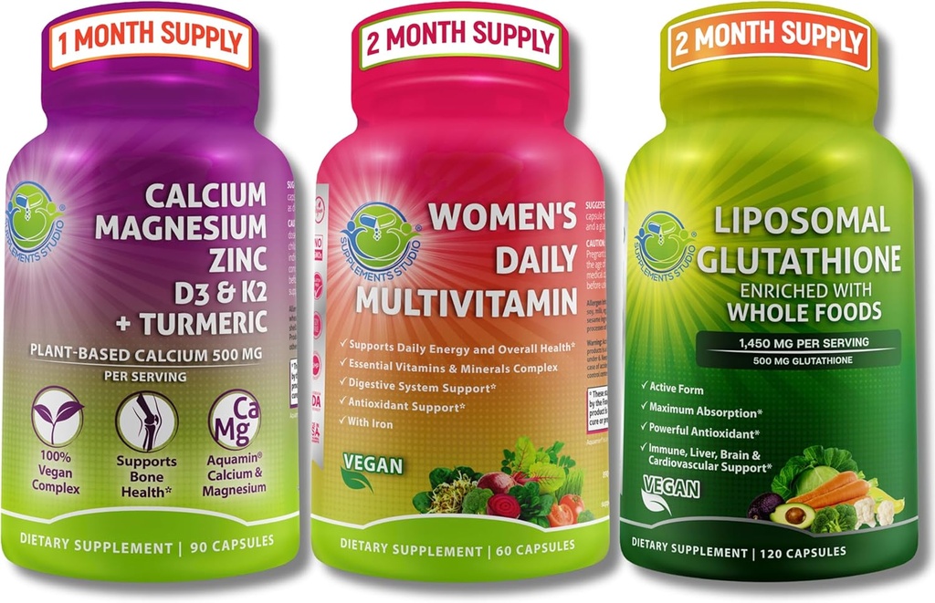 女性のMultivitamin、Calcium及びLiposomal Glutathione Trio -植物ベースのカルシウム、マグネシウム、亜鉛、D3、K2及びTurmeric +鉄+リポソームグルタチオン500mgが付いている女性の毎日のMultivitamin