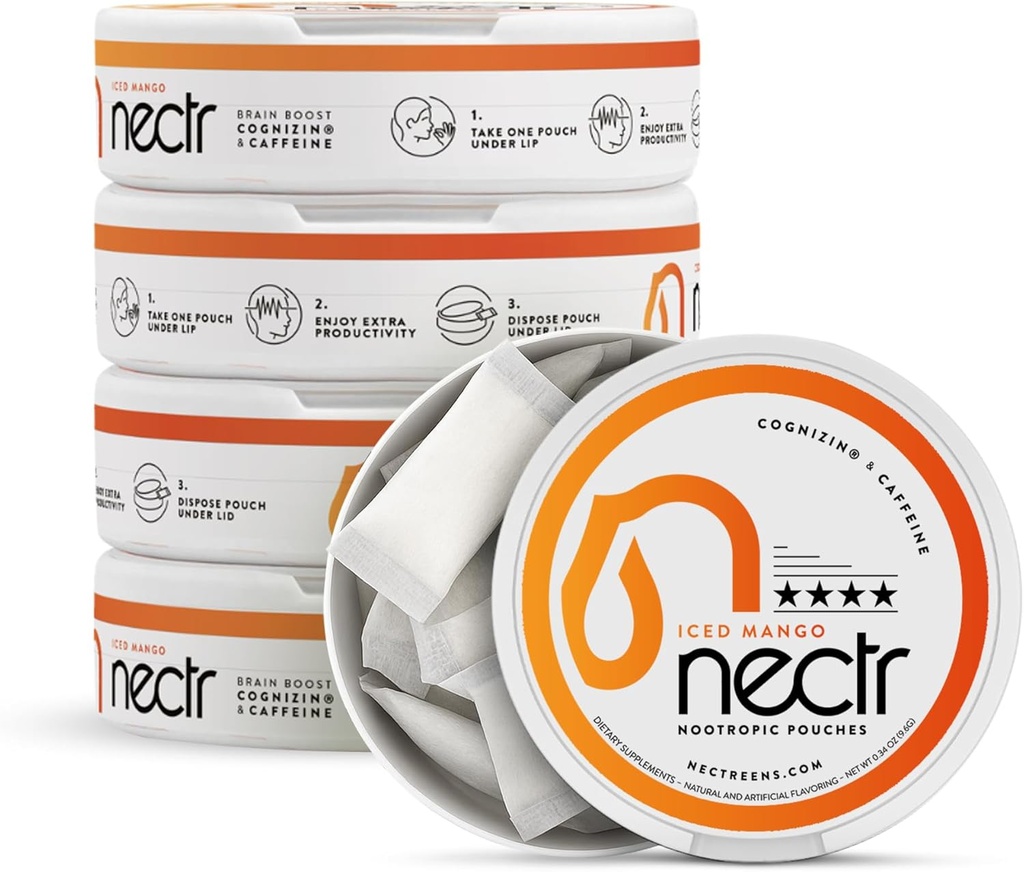 Nectr Energy Nootropic Pouches – Iced Mango Flavored, Caffeine Pouches with Cognizin® Citicoline. Sugar-Free Brain Treats. Smooth, Sustained Focus & Energy Supplement - 5 Pucks of 16pcs