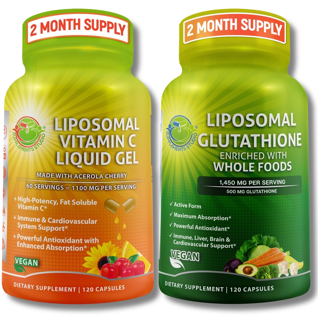 SUPPLEMENTS STUDIO Liposomal Vitamin C 1100mg 液体ゲルカプセル - まとめ - Liposomal Glutathione 500mg サプリメント