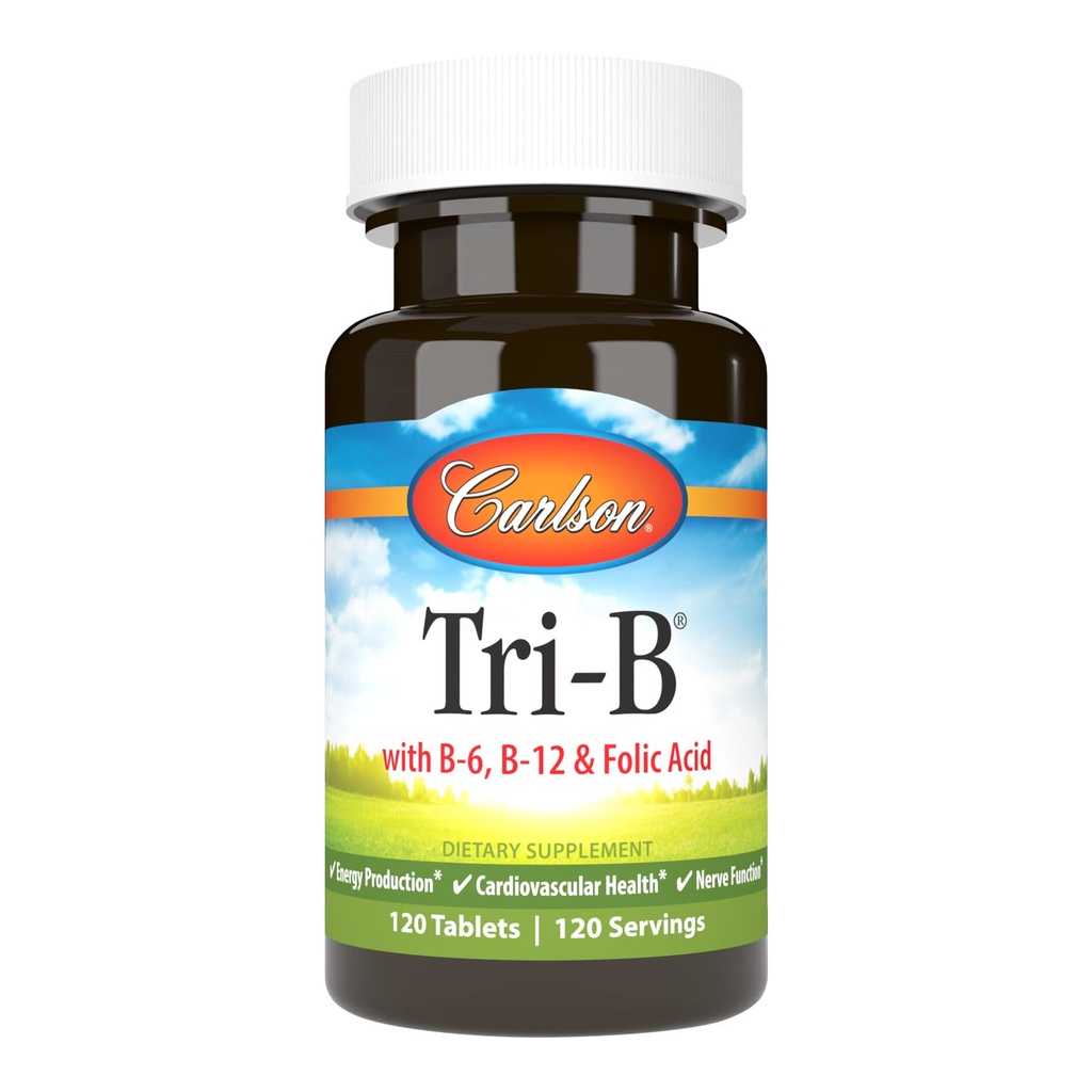 カールソン - Tri-B、ビタミンBコンプレックス、25mgビタミンB-6、400mcgビタミンB-12、葉酸エネルギーピル、心臓血管の健康、B複合ビタミン、B12サプリメント、Bビタミンコンプレックス、120錠を促進