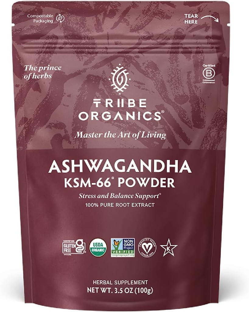 TRIBE ORGANICS KSM-66 Ashwagandha Root Extract Powder Ayurvedic Herb for Mood Support | 増加エネルギー | 強度 | 有機 | ナチュラル | グルテンフリー | GMO | 完全スペクトラム - 100g ポーチ