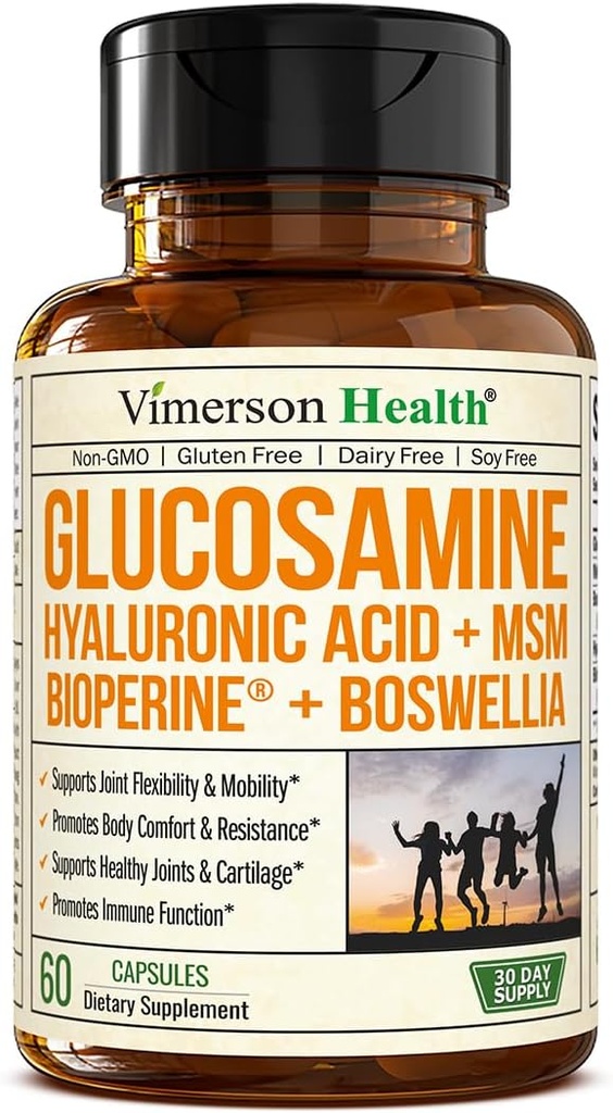 Glucosamine Sulfate with Hyaluronic Acid, Boswellia, Black Pepper & MSM Supplement – 5-in-1 Joint Supplements for Men and Women – Joint Health, Mobility & Bone Strength – FSA Eligible 60 Caps
