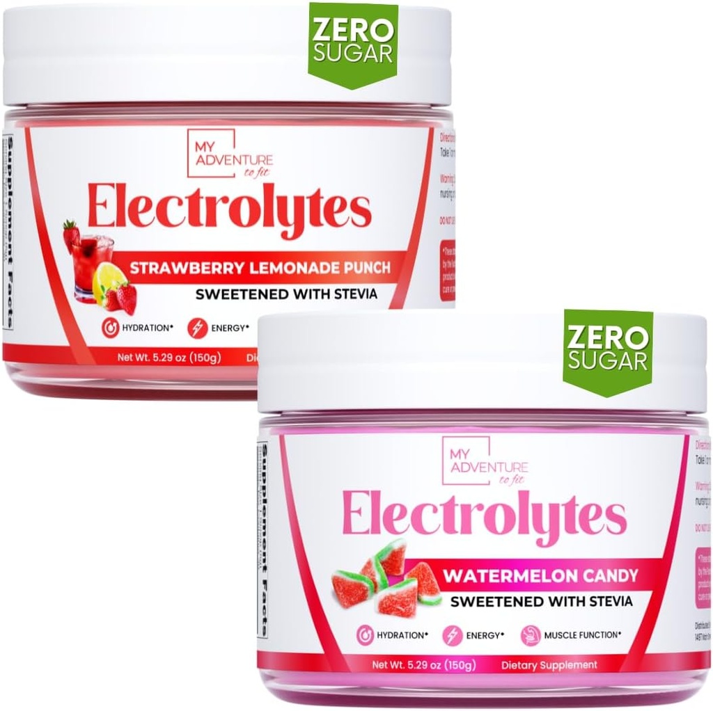 My Adventure to Fit Refreshing Hydration Electrolytes Powder with Zero Sugar, Bundle, Watermelon Candy & Strawberry Lemonade Flavors