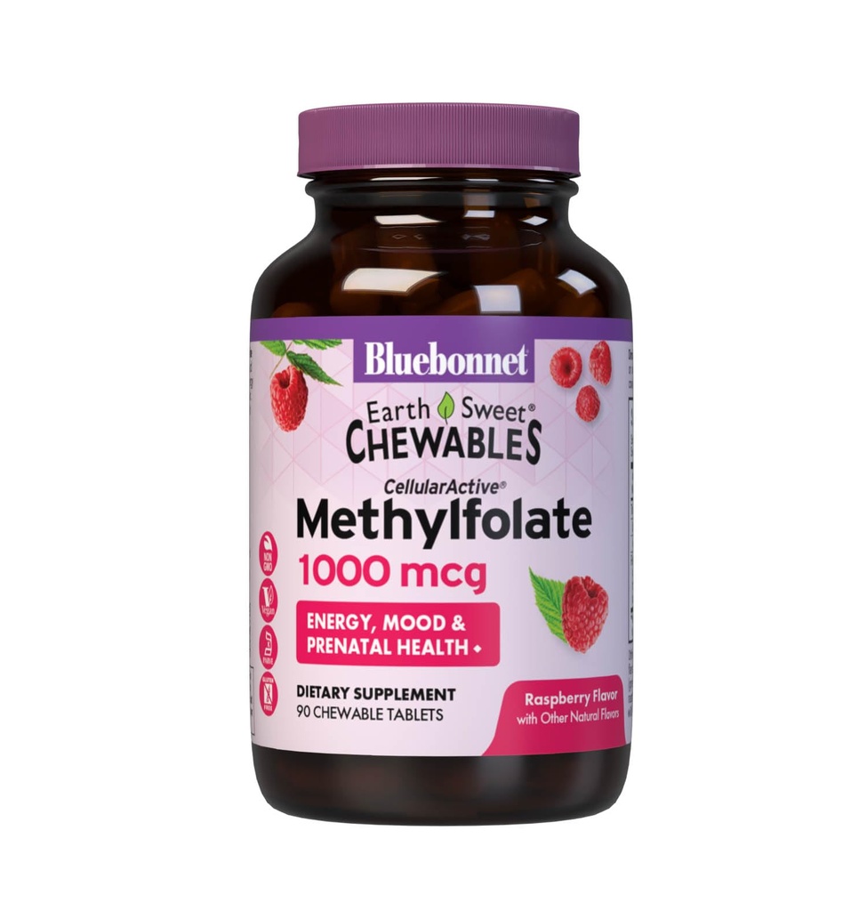 Bluebonnet EarthSweet Methylfolate 1000のmcgの細胞活動的な補酵素5-MTHF Lメチルの葉酸塩の補足- Prenatal及びエネルギー サポート-非GMO、ビーガン、グルテンフリー-ラズベリー- 90のChewableタブレット