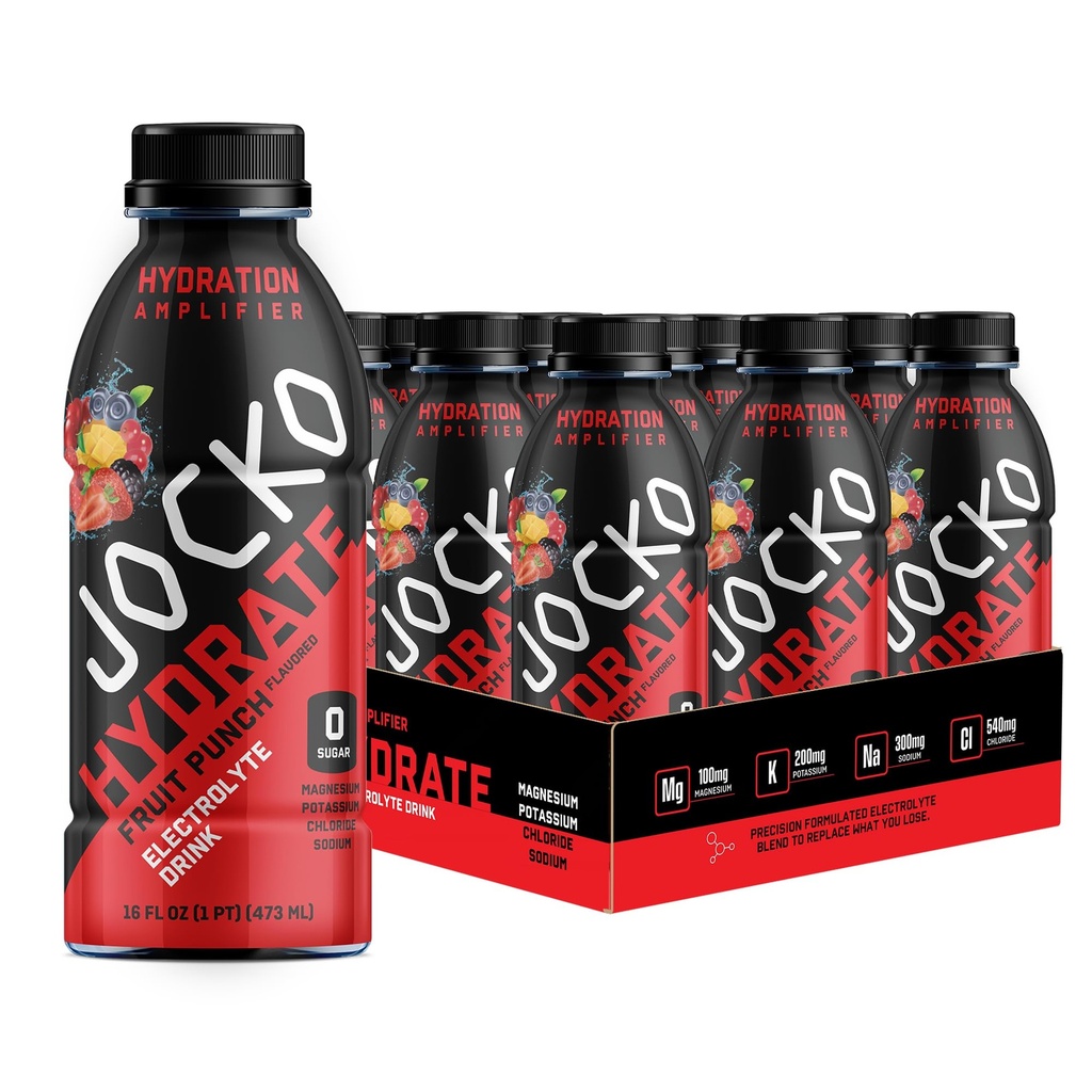 Jockoの燃料のHydrateの電解物の飲み物-スポーツの飲み物のHydrationのアンプ、Tirst Quencher - 科学的に公式にされた電解質のブレンドのフルーツ パンチ味16 Oz (12のパック)
