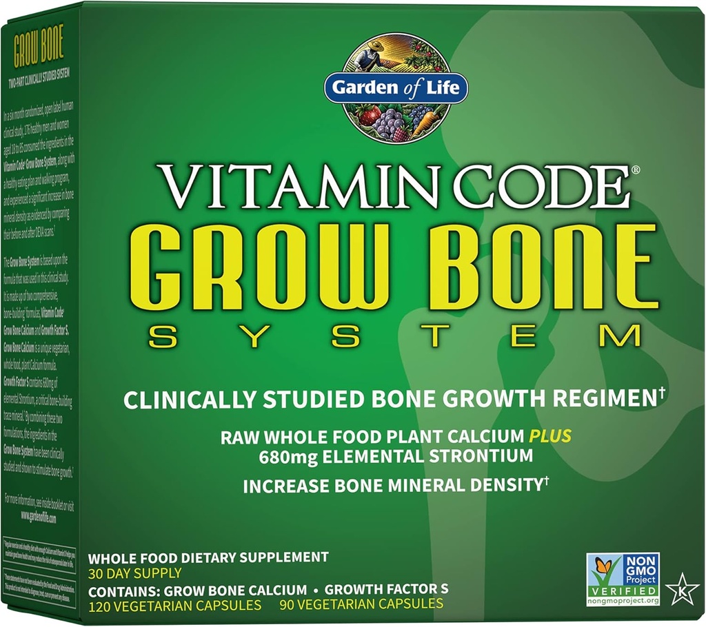 Garden of Life Calcium Supplement - Vitamin Code Grow Bone Made with Whole Foods, Strontium, Magnesium, K2 MK7, Vitamin D3 & C Plus Probiotics for Gut Health, 30 Day Supply