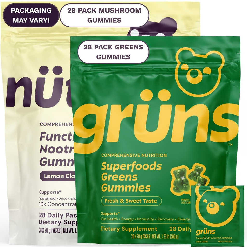 GrunsのSuperfoodの緑+新しいNütropsのガミーの束、有機性栄養物の補足2 x 28のパック:Multivitaminのプレバイオティクス、適応物質+向知性のきのこの草の補足は気分、焦点、ガットを支えます