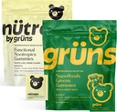 Gruns Superfood Green + New Nütrops Gummy Bundle, Organic Nutritional Supplement 2 x 28 Pack: Multivitamin, prebiotics, adaptogens + Nootropic Mushroom Herbal Supplement to Support Mood, Focus, Gut
