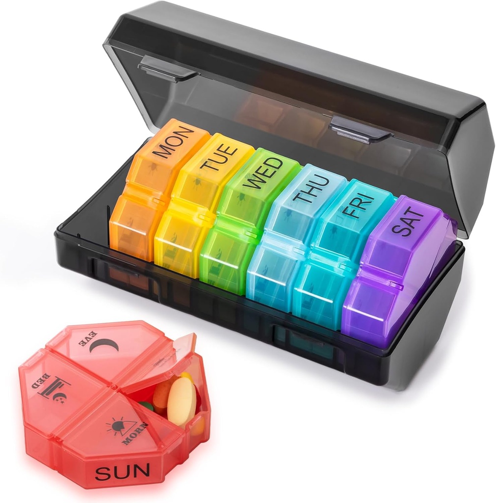 Weekly Pill Organizer 4 Times a Day, Large Pill Box 7 Day Daily Pill Case with 28 Extra Large Compartments Portable Travel Pill Container Big Medicine Organizer for Supplement Vitamin (Rainbow)