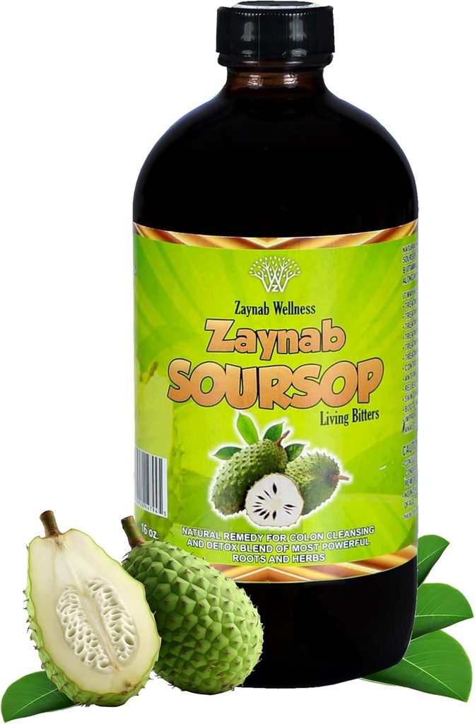 Zaynab Organic Soursop Bitters Liquid with Soursop Leaves for Gut Cleanse, Detox & Immune Support | ブラックシードオイル, モリンガ, ガーリック&ジンジャー・フォー・サワーソップ・ビター | 16 Fl Oz