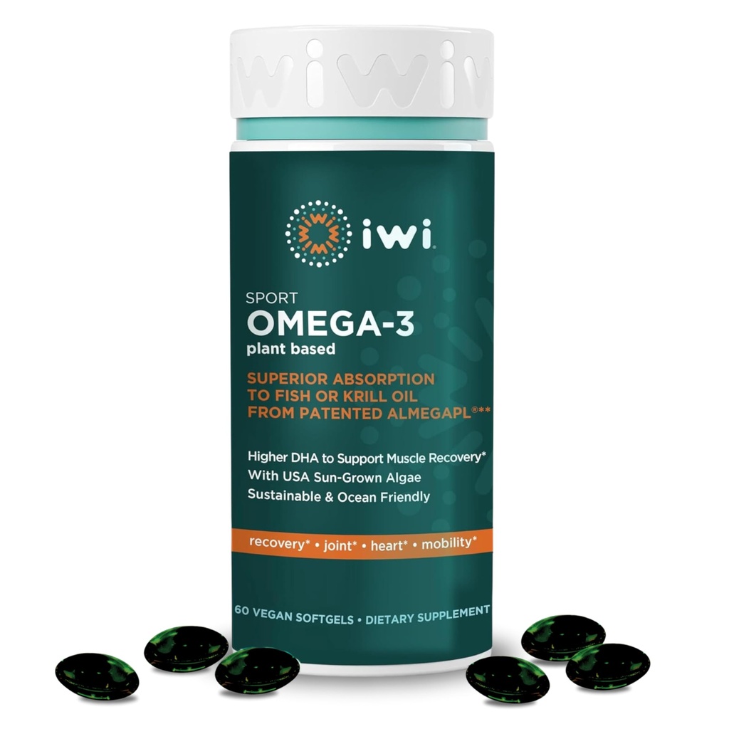 Iwi Omega-3スポーツ, 60 Softgels (30 サービング), 植物ベースのビーガン藻オメガ3 DHAと, 運動回復サポート栄養補助食品, キル & 魚油代替, 魚介類の後味なし