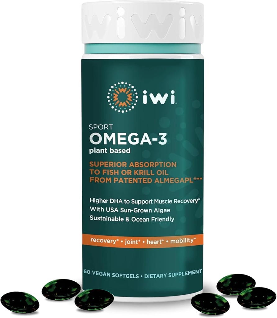 Iwi Omega-3スポーツ, 60 Softgels (30 サービング), 植物ベースのビーガン藻オメガ3 DHAと, 運動回復サポート栄養補助食品, キル & 魚油代替, 魚介類の後味なし