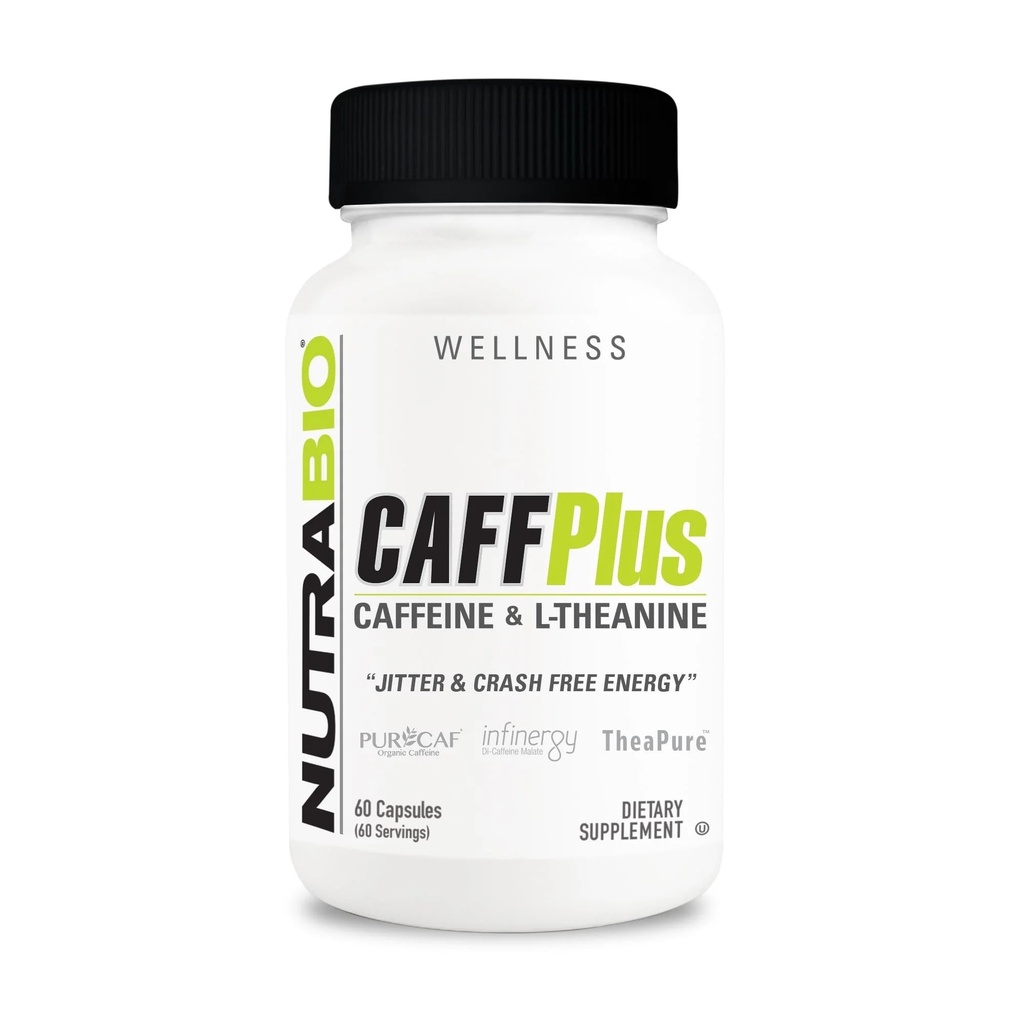NutraBio CaffPlus、健康なエネルギーブーストのためのテアニンとデュアルソースカフェイン - 60野菜カプセル
