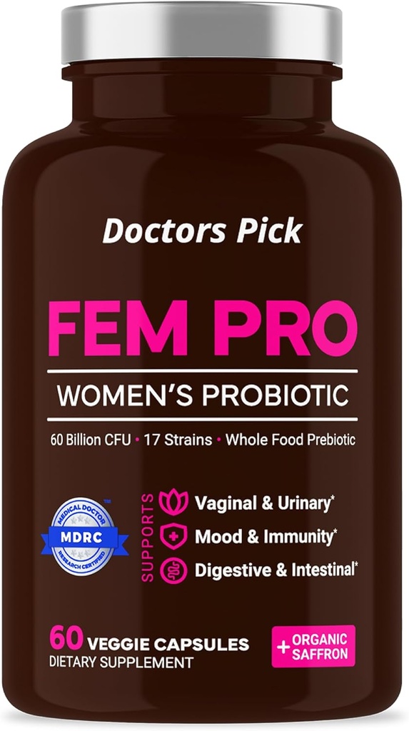 Fem Pro Probiotics for Women. 17 Clinically Effective Strains for Vaginal, Digestive & Immune Support, Urinary Tract Health, pH Balance and Mood. 60 Veggie Capsules, 2 Month Supply