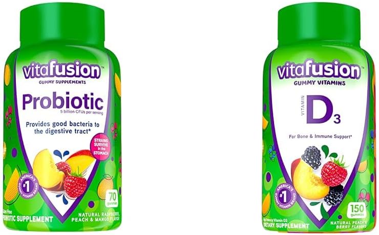 Vitafusion Probiotic Gummy Supplements、ラズベリー、ピーチ、マンゴーフレーバー&ビタミンD3ビタミンBoneと免疫システムサポート