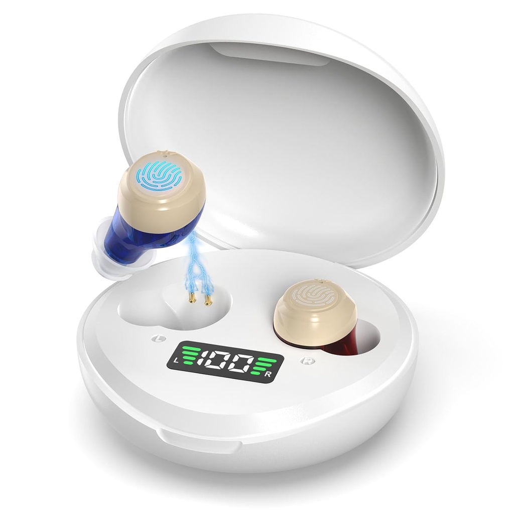 シニアのための補聴器、デジタルディスプレイを備えた充電式補聴器、ノイズキャンセリング付きポータブル補聴器、聴覚損失パーソナル(ホワイト)用のアップグレードされたミニ補聴器