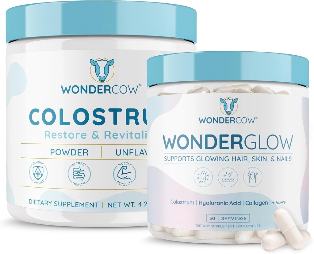 WONDERCOWのColostrum Unflavored + WonderGlowの毛皮および釘のビタミン、サポートより速い毛の成長、より強い釘および輝く皮