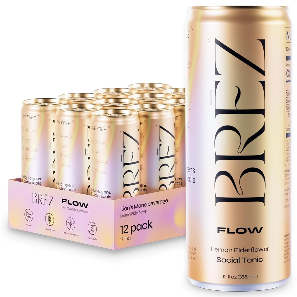 BREZ FLOWのライオンのマネのきのこの飲み物、12パック、非注入された、アダプトゲン、緩和し、持ち上げ、そして社会的、スパークリングレモンエルダーフラワートニック12 Fl oz