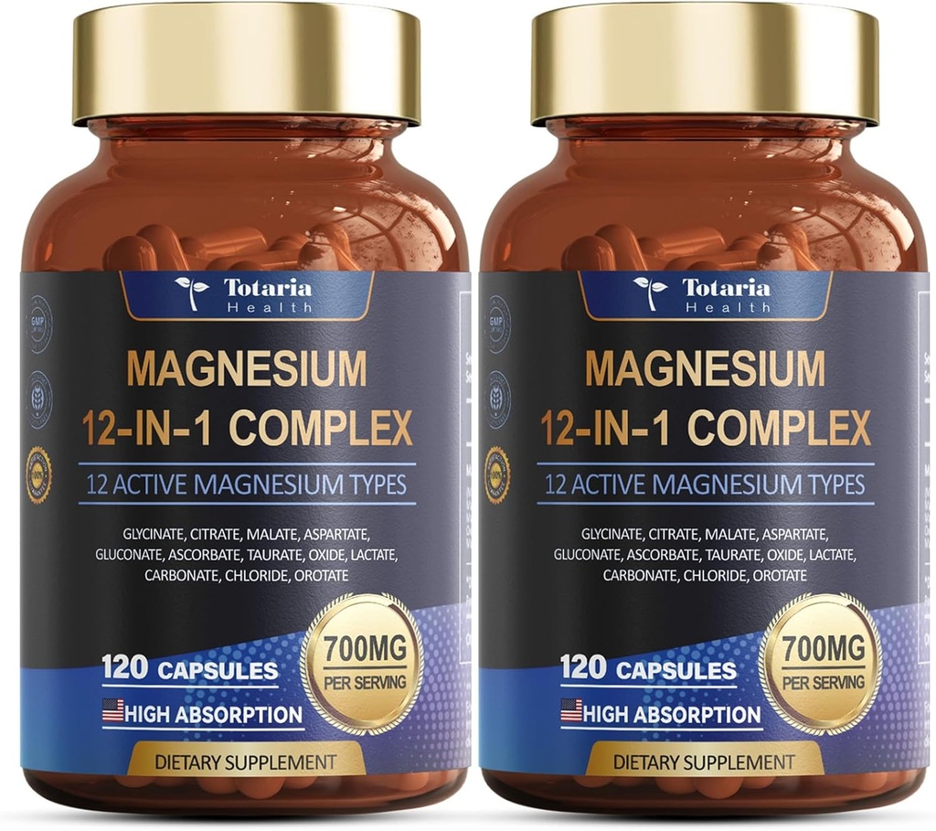 Magnesium Complex 700mg 12 in 1 Magnesium Supplement with Glycinate Citrate Malate Oxide Taurate Aspartate Orotate Magnesium Relaxation,Muscle,Heart Support, Vegan 120 Capsules 2PK