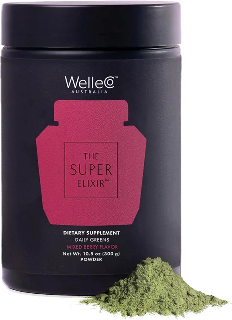 WelleCo The Super Elixir Daily Greens Powder, Probiotic Drink Mix with Whole Foods, Gluten Free, Vegan Gut Health Powder, Energy, Immunity, Healthy Skin, Hair & Nails (300g, Mixed Berry)
