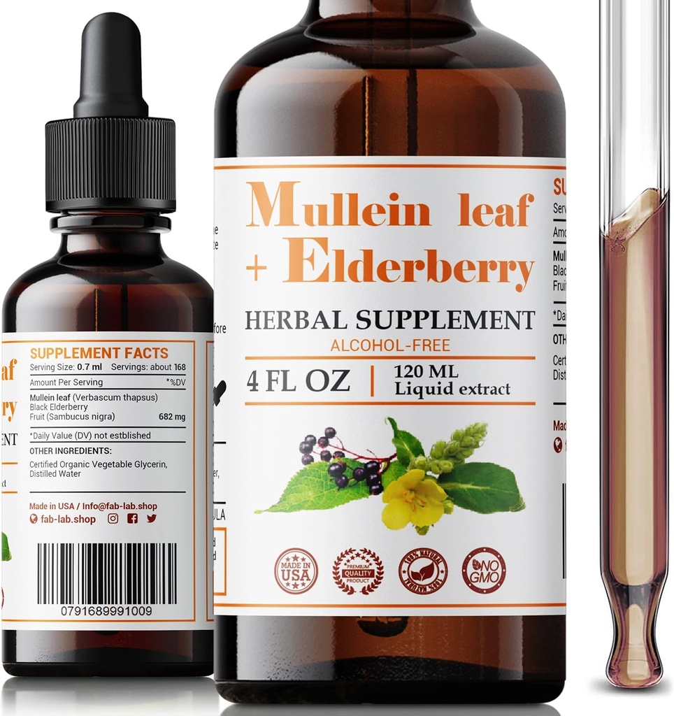 FabLab Mullein 葉エキスと Elderberry 4 Fl Oz - アメリカ製 - より良い肺のためのドロップ - 肺デトックスのための Mullein チンキ - スモーカーのためのブロニカルク - 呼吸ハーブサプリメント