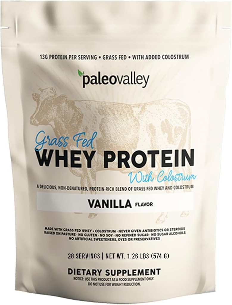 Paleovalley Colostrum、13g蛋白質、バニラ、筋肉建物、免疫サポート、腸の健康の100%の草詰めされた乳蛋白質の粉