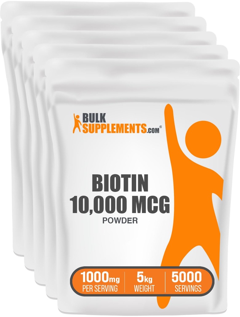 BulkSupplements.comビオチン10000mcgパウダー - ビタミンB7、グルテンフリー、給食(10mgビオチン)あたり1000mg、5kg(11ポンド)(5パック)