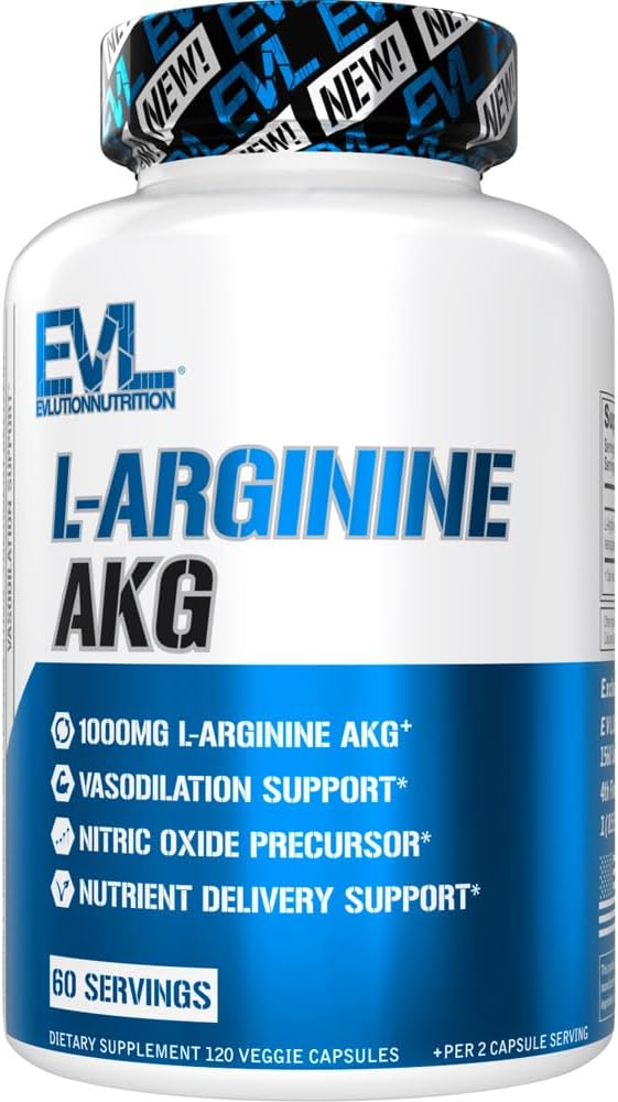 Evlution L-Arginine AKG - Vasodilation & Nutrient 配信サポート - Nitric Oxide Precursor - 1000mg L-Arginine AKG - グルテンフリー&非GMO - 栄養補助食品 - 60 サービング - 120 野菜カプセル