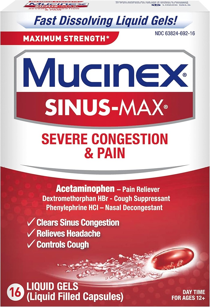 Mucinex Sinus-Max Max Strength Severe Congestion & Pain Liquid Gels, 16ct