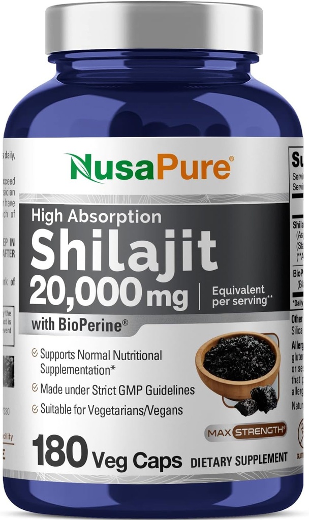 NusaPure Shilajit 20,000mg/サービングあたり, 180 Veggie Caps, Non-GMO, Gluten Free, バイオペリン
