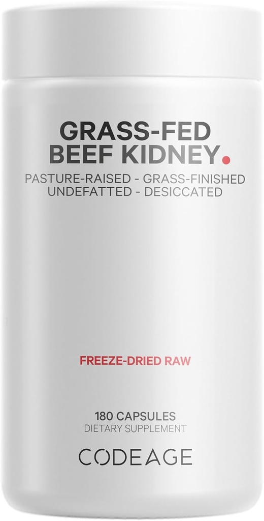 Codeage Grass Fed Beef Kidney Supplement - Freeze Dried, Non-Defatted, Desiccated Glandulars Nutrition Bovine Pills – Pasture Raised Beef Vitamins - Non-GMO -180 Capsules