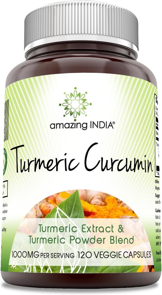 アメイジング・インディア ターメリック クルクミン 1000 Mg/サービング | 120 Veggie Capsule Supplement | ターメリックパウダー&ターメリックエキスのブレンド | 非GMO | グルテンフリー | アメリカ製
