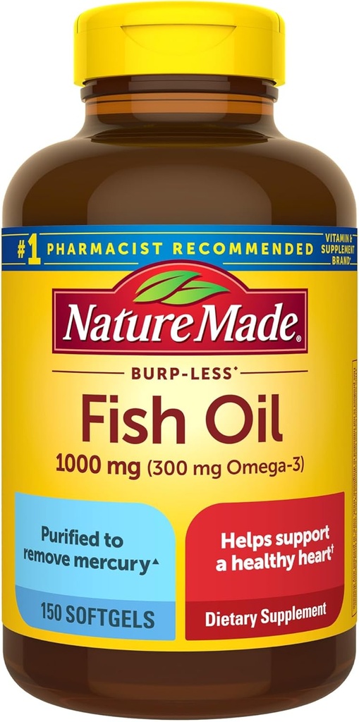 Nature Made Burp Less Fish Oil Omega 3 サプリメント, 1000mg Softgels, Omega 3 健康的な心サポートのための魚油サプリメント, 150 Softgels, 75 日の供給