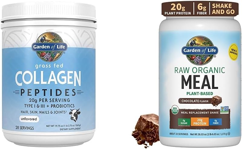 Garden of Life Grass Fed Hydrolyzed Collagen Protein Supplements Peptides Powder, 19.75 Oz & Tasty Organic Chocolate Meal Replacement Shake Vegan 20g