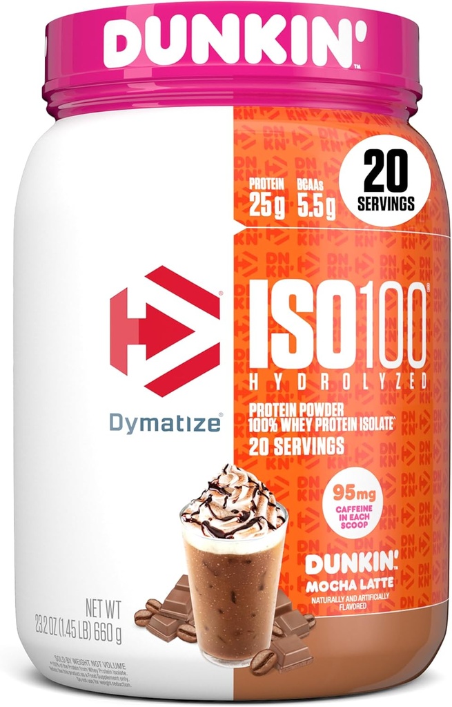 Dymatize x Dunkin' Mocha Latte ISO100の乳白色蛋白質の粉、95mgカフェイン、蛋白質の25g、5.5g BCAAs、120 Cal。、グルテンフリー、1g脂肪、1g砂糖、3g炭水化物(20のサービング)