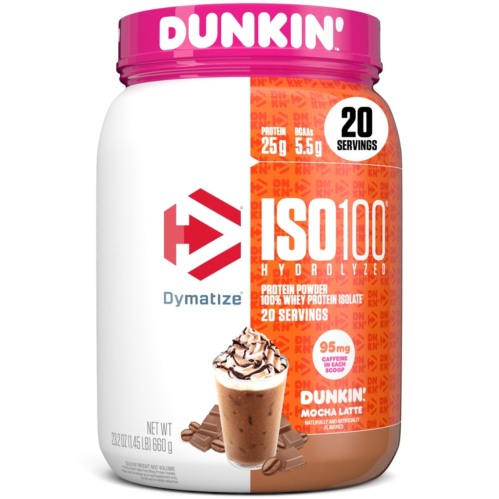 Dymatize x Dunkin' Mocha Latte ISO100の乳白色蛋白質の粉、95mgカフェイン、蛋白質の25g、5.5g BCAAs、120 Cal。、グルテンフリー、1g脂肪、1g砂糖、3g炭水化物(20のサービング)