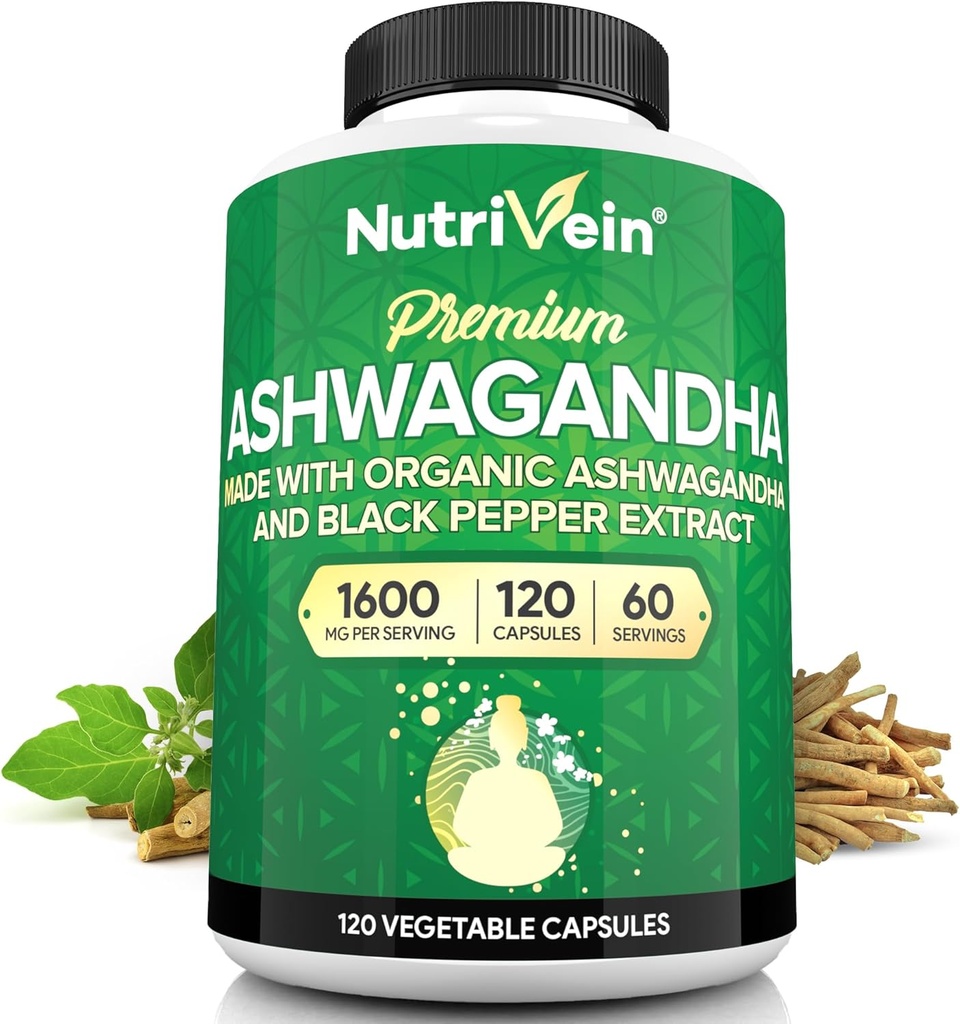 男性と女性のためのNutrivein Ashwagandha - 1600mg - ブラックペッパーで強化 - 高吸収性の根の粉Ashwagandhaは気分のバランス、休息、および焦点のためのサプリメント - 120ビーガンカプセル