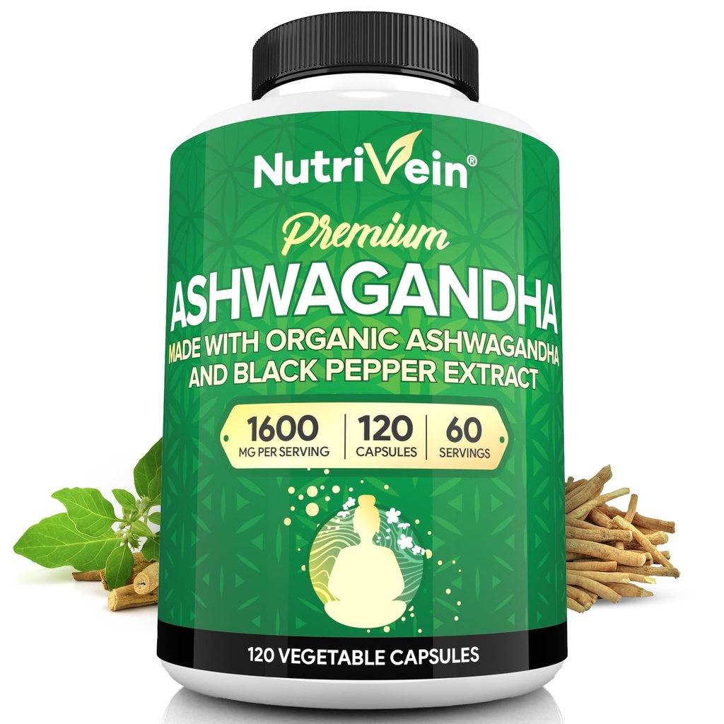 男性と女性のためのNutrivein Ashwagandha - 1600mg - ブラックペッパーで強化 - 高吸収性の根の粉Ashwagandhaは気分のバランス、休息、および焦点のためのサプリメント - 120ビーガンカプセル
