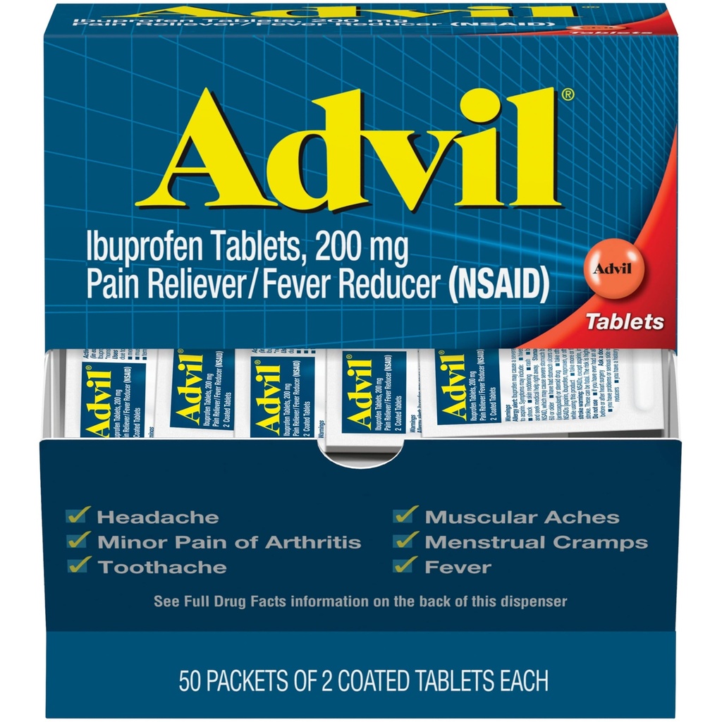Advilの痛みのRelieverおよび熱心な減力剤、頭痛、腰痛、月経の痛みおよび接合箇所の痛みの軽減のためのIbuprofen 200mgの痛みの軽減薬 - 50x2上塗を施してあるタブレット